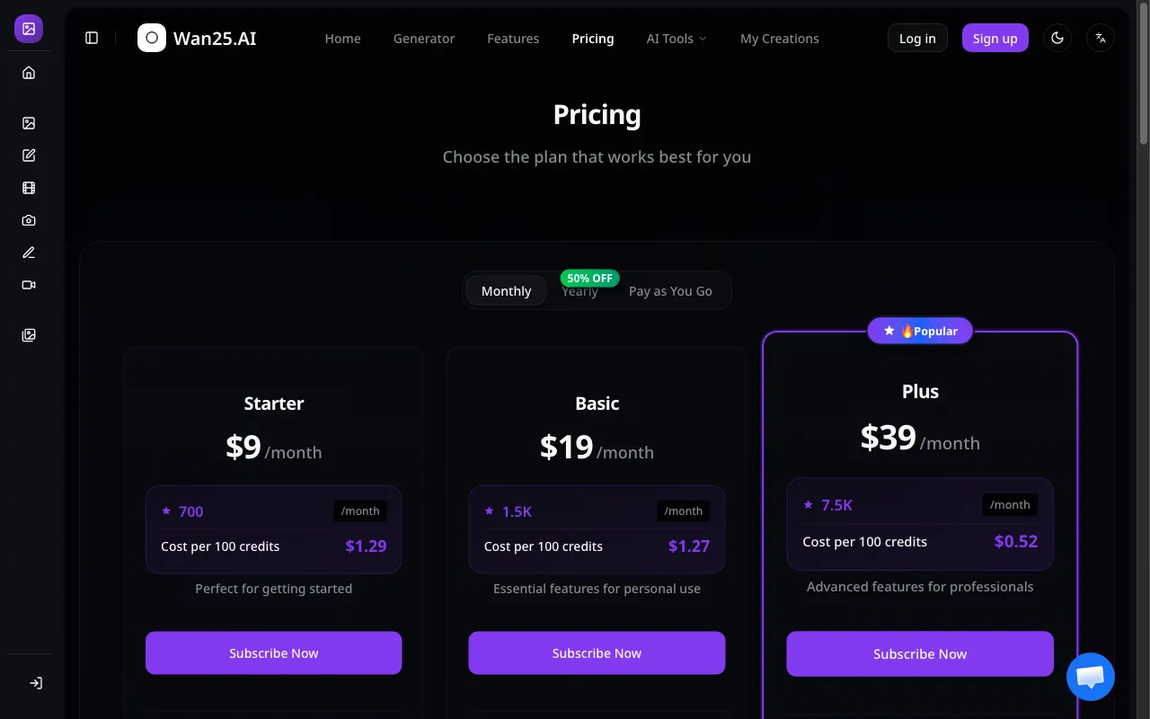 Wan25.AI — pricing page