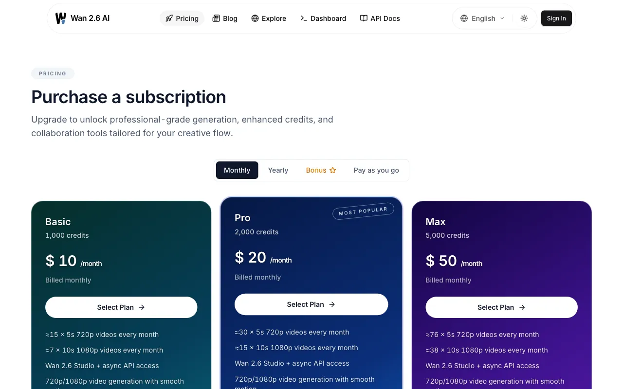 Wan 2.6 AI Video Generator — pricing page