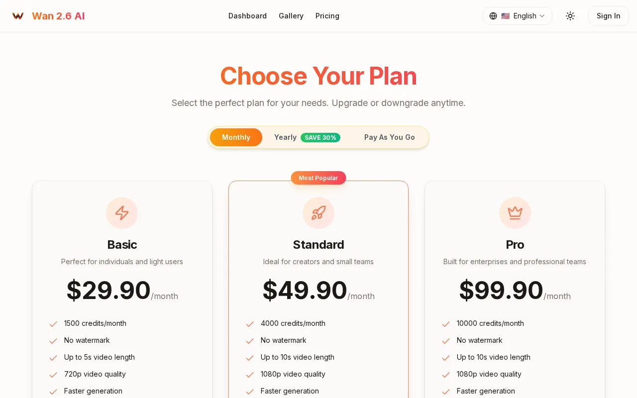 Wan 2.6 AI — pricing page