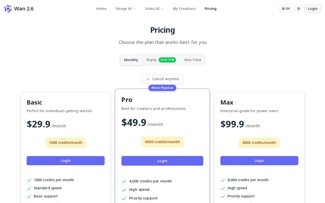 Wan 2.6 — pricing page