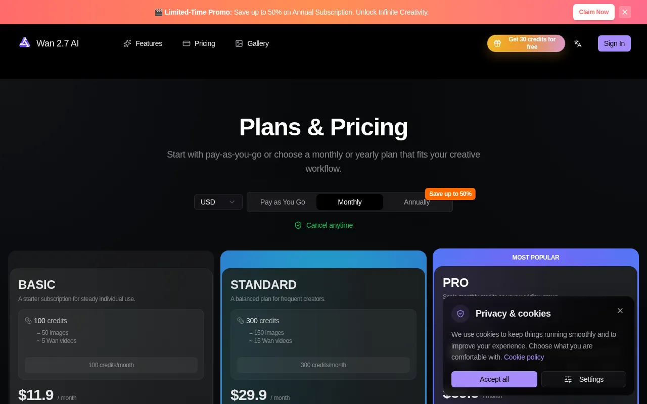 Wan 2.7 — pricing page