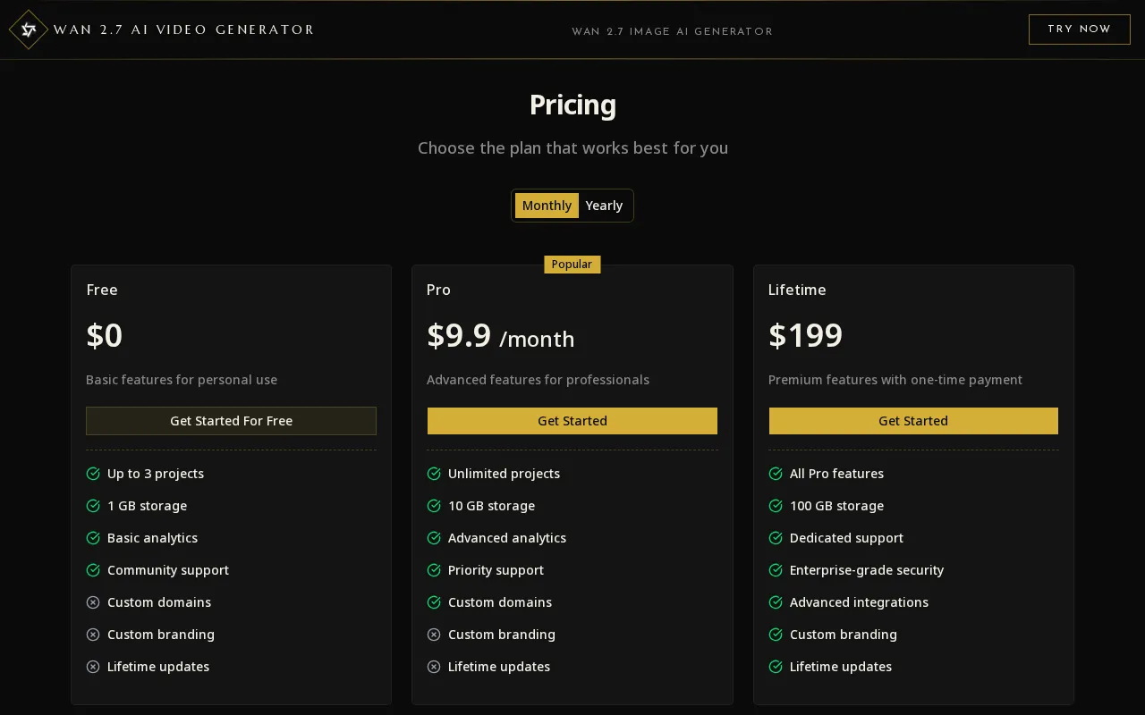 Wan 2.7 AI Video Generator — pricing page