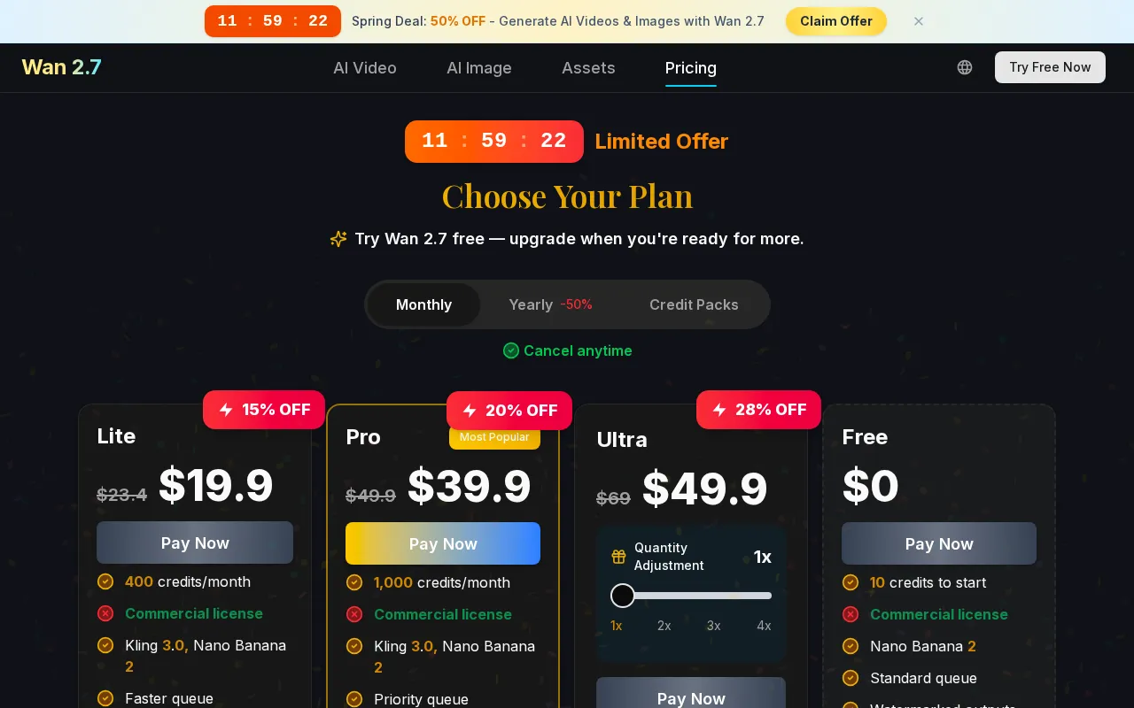 Wan 2.7 AI Video & Image — pricing page