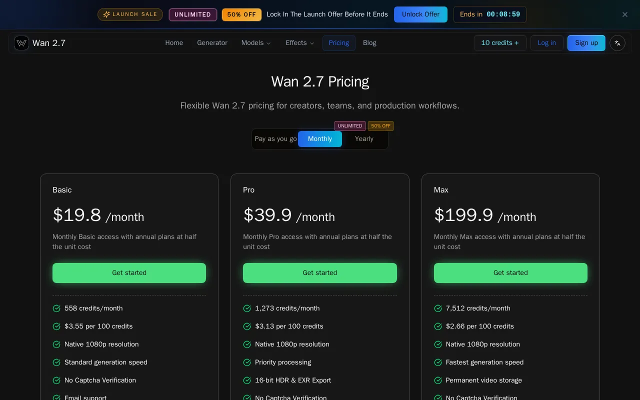 Wan 2.7 — pricing page