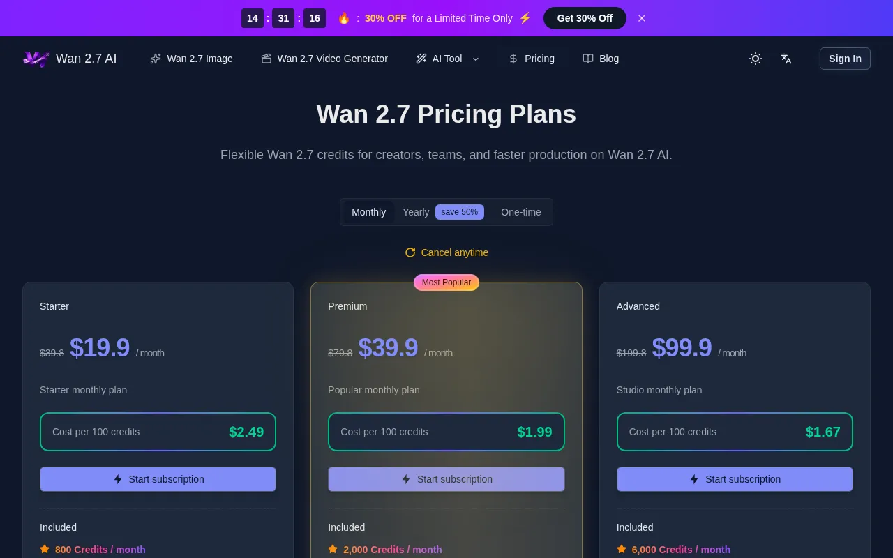 Wan 2.7 AI — pricing page