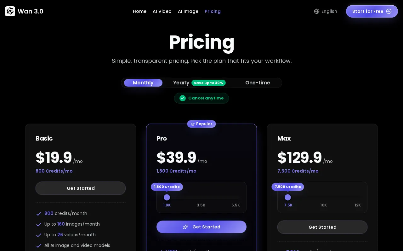 Wan 3.0 AI Video Generator — pricing page