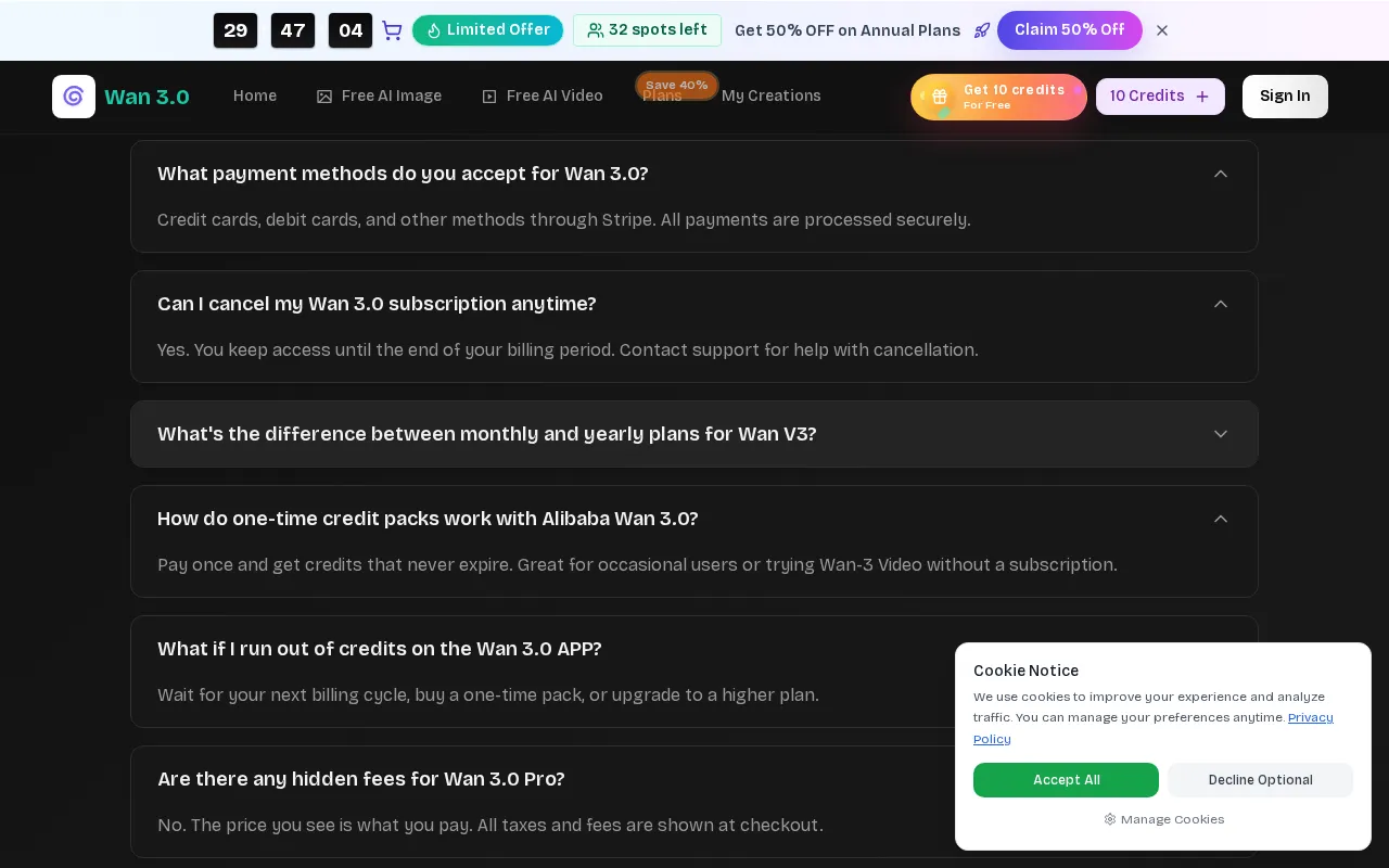 Wan 3.0 — pricing page