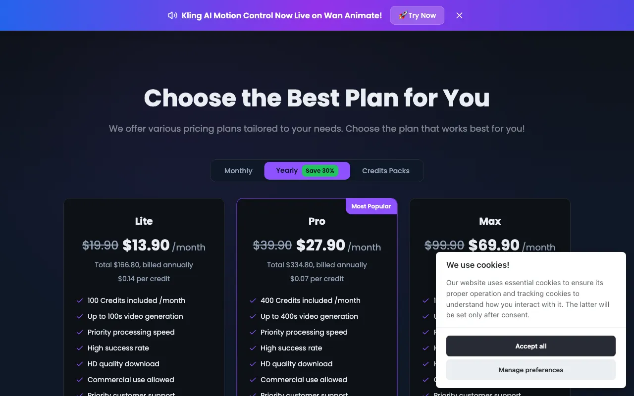 Wan Animate — pricing page