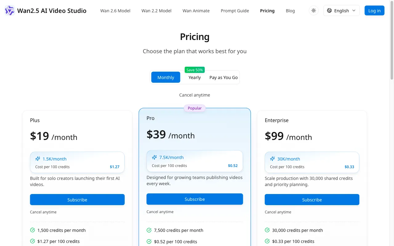 Wan2.5 AI Video Studio — pricing page