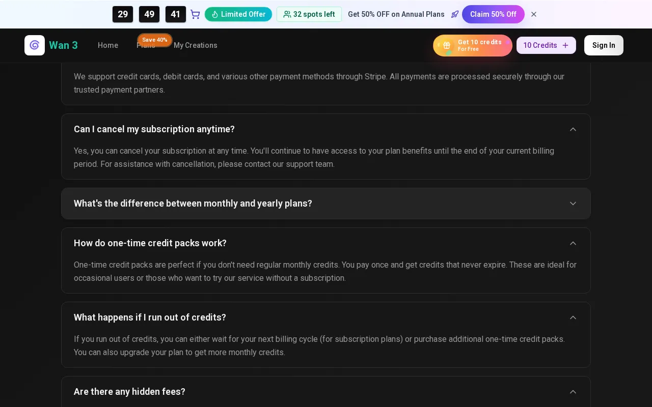 Wan3ai.app — pricing page