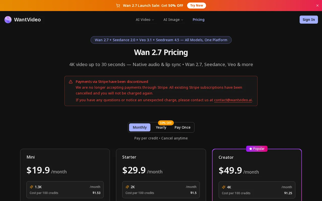 WantVideo — pricing page