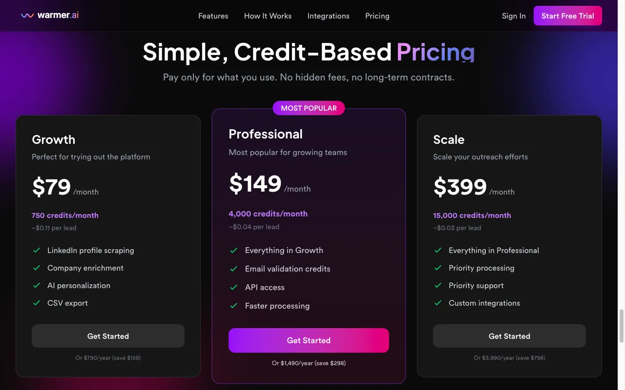 Warmer.ai — pricing page