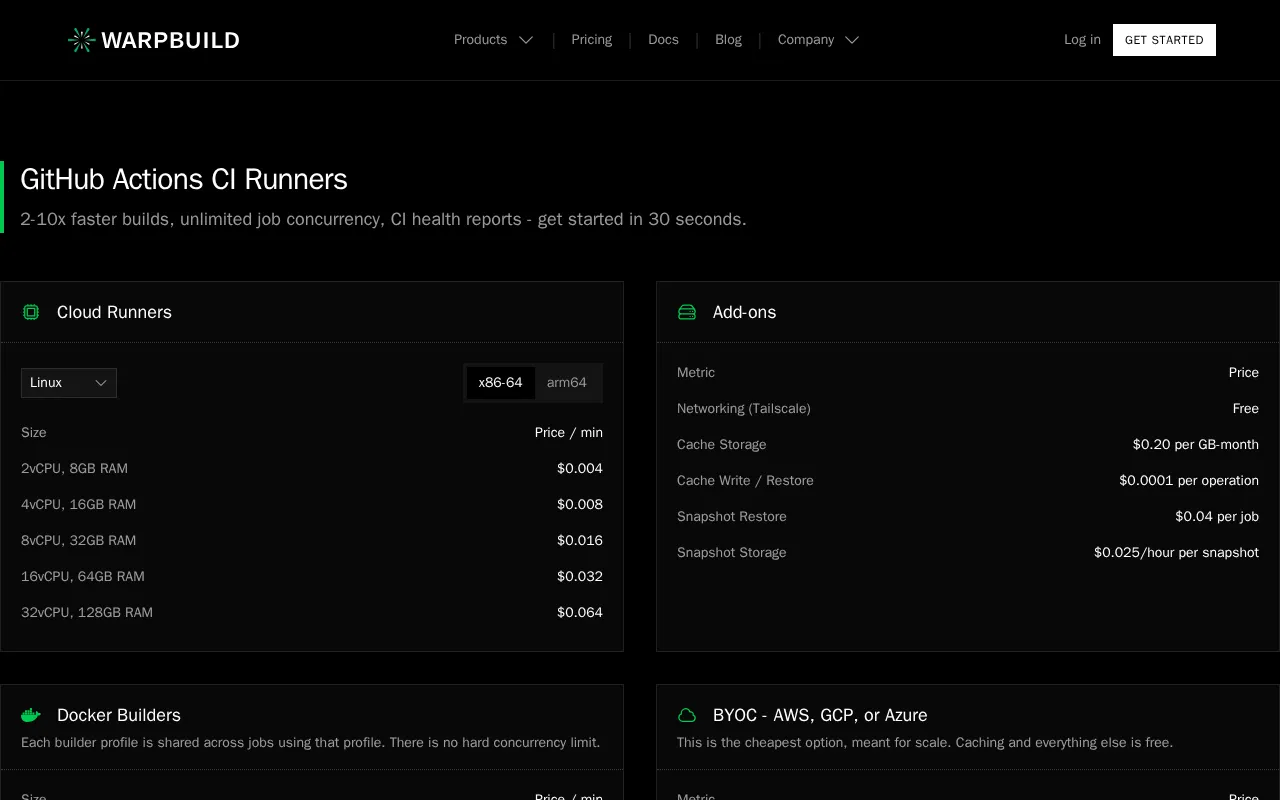 WarpBuild — pricing page
