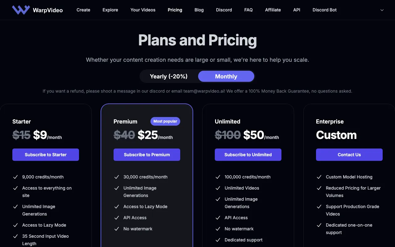 Warpvideo AI — pricing page