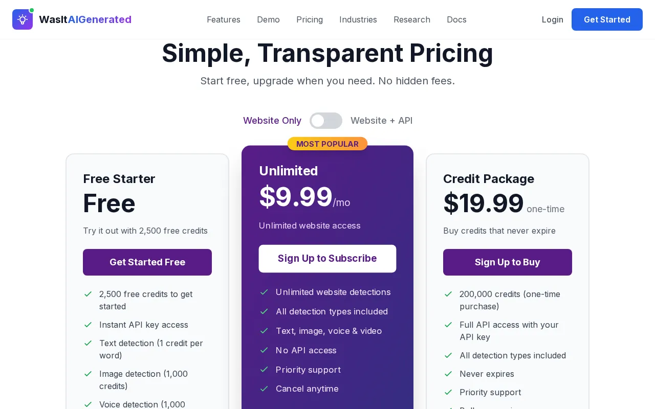WasItAIGenerated — pricing page