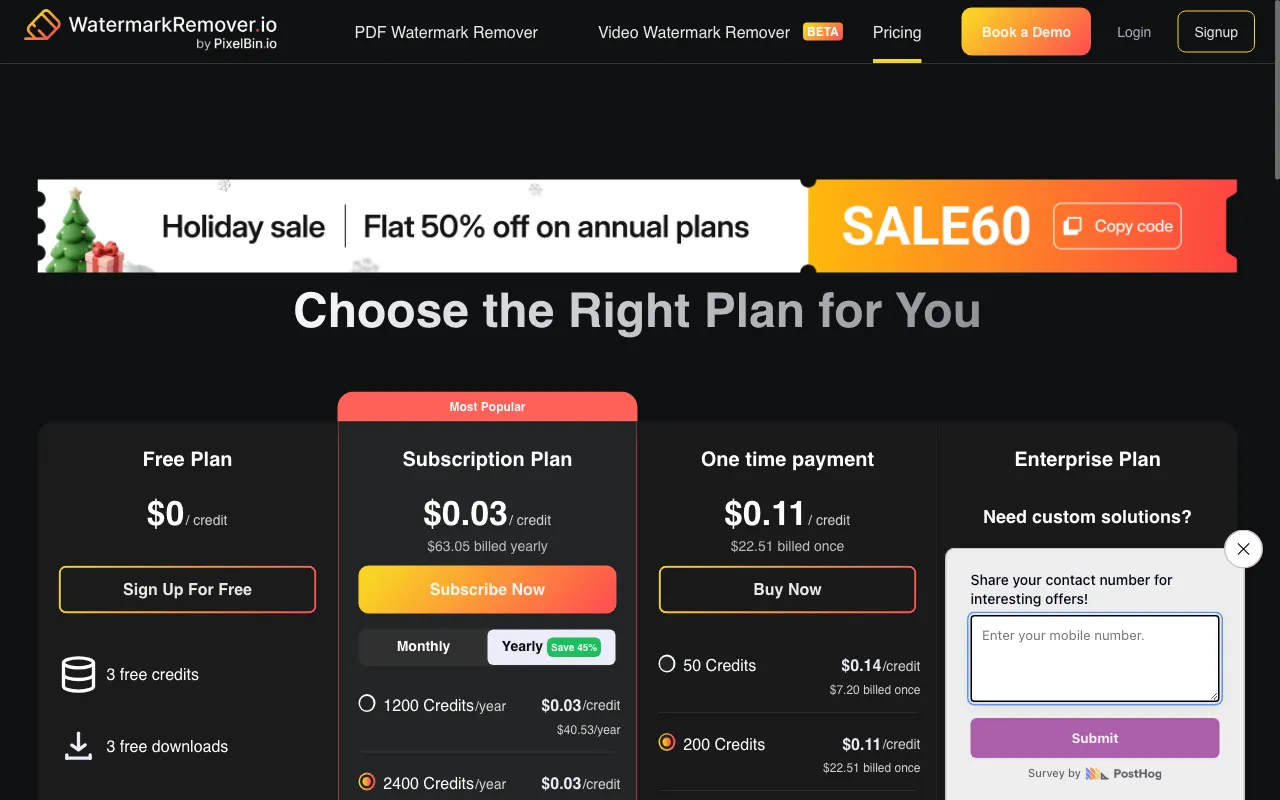 WatermarkRemover.io — pricing page