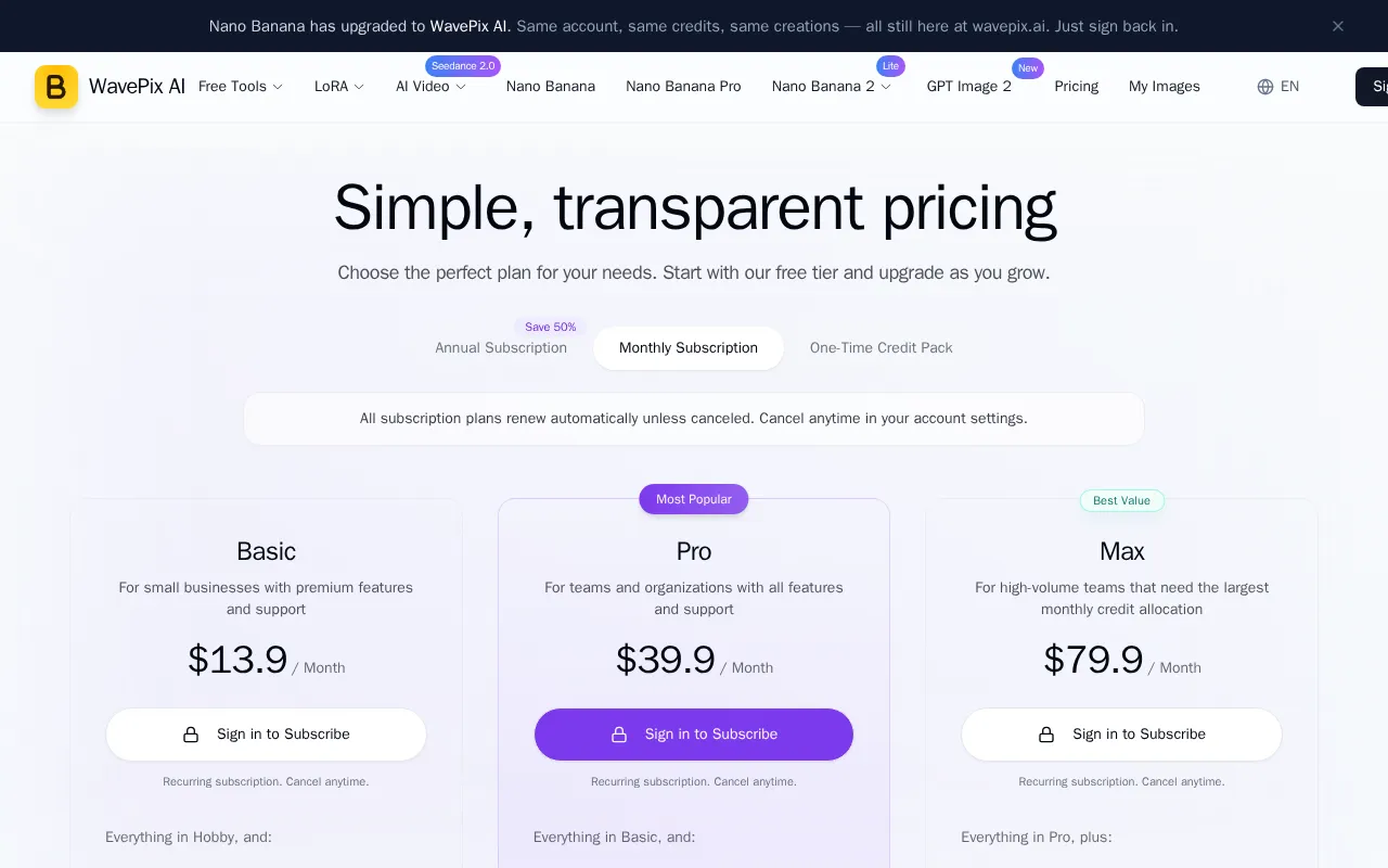 WavePix AI — pricing page