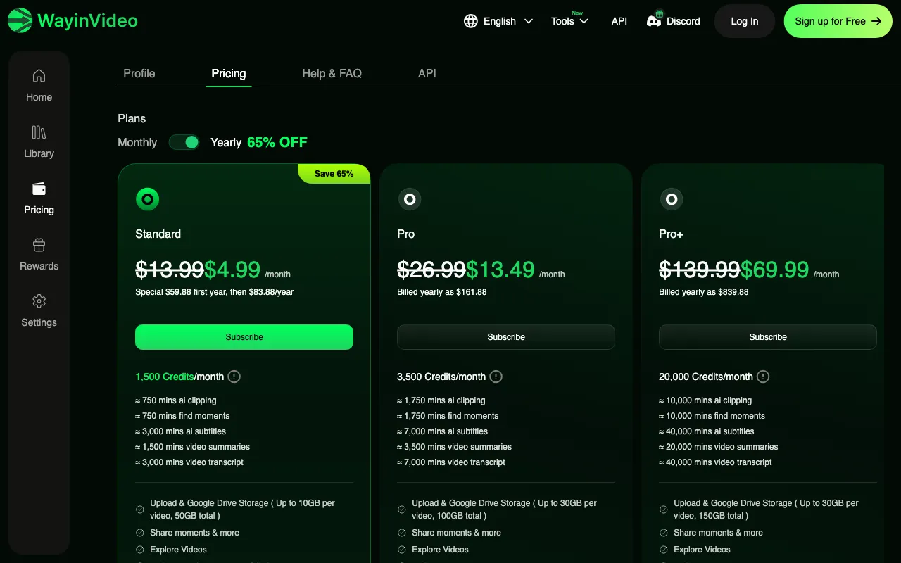 WayinVideo — pricing page