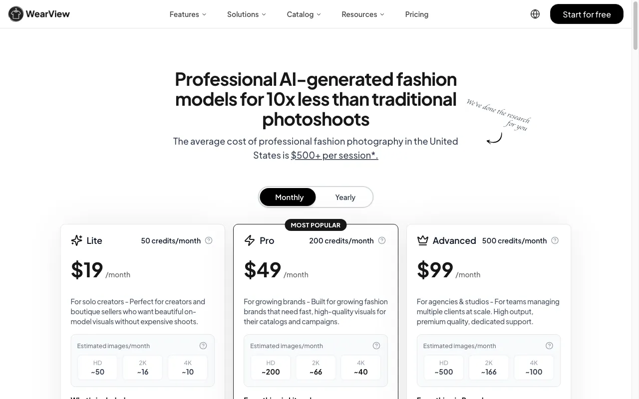 WearView — pricing page