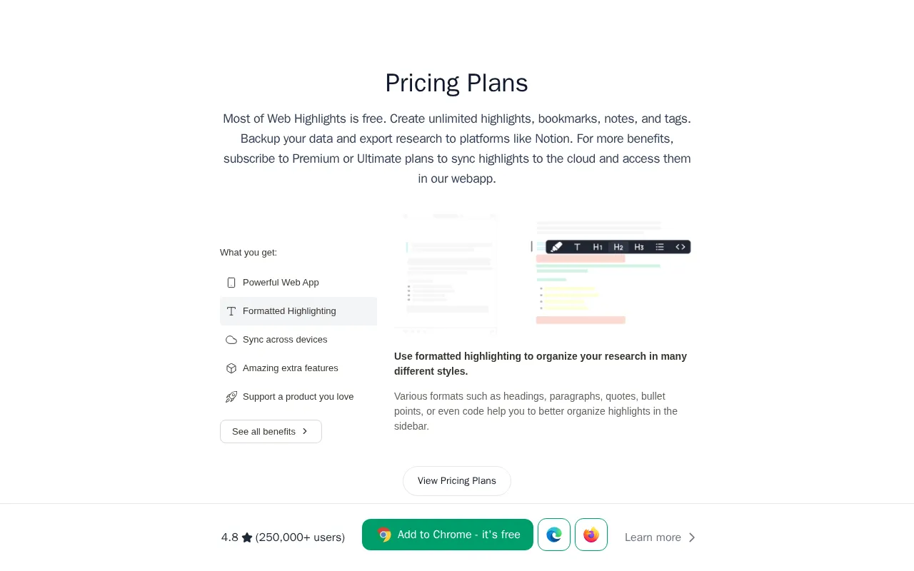 Web Highlights: PDF & Web Highlighter + Notes & Annotations — pricing page