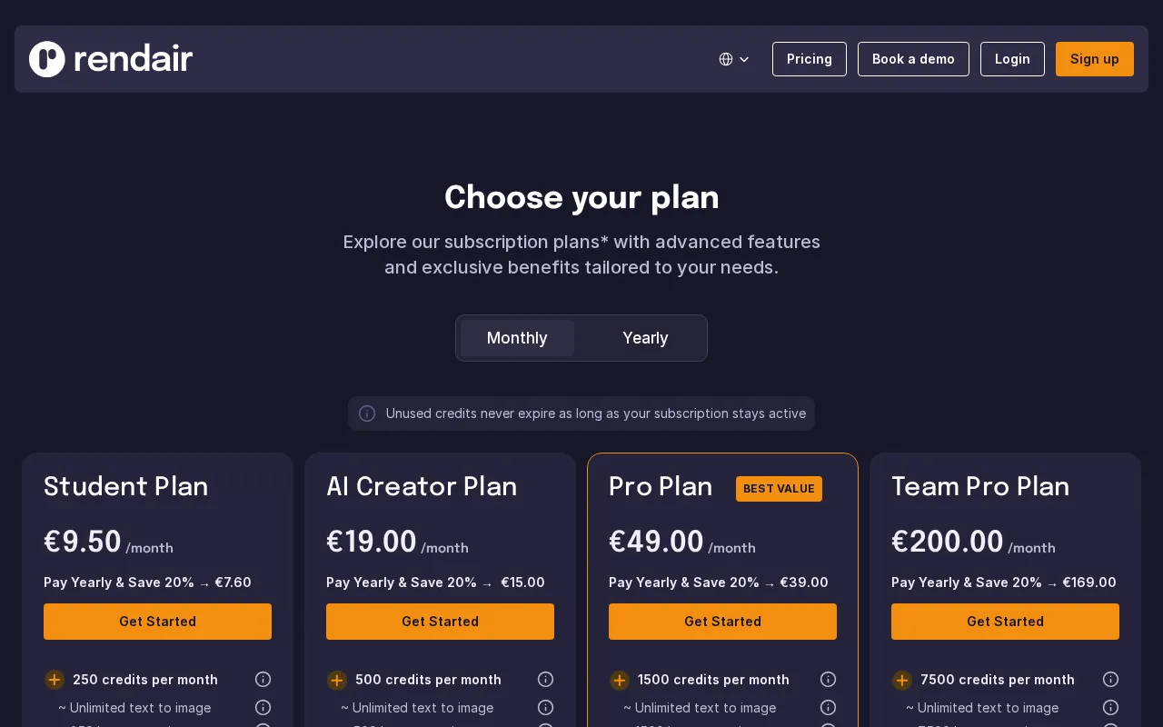 Rendair — pricing page