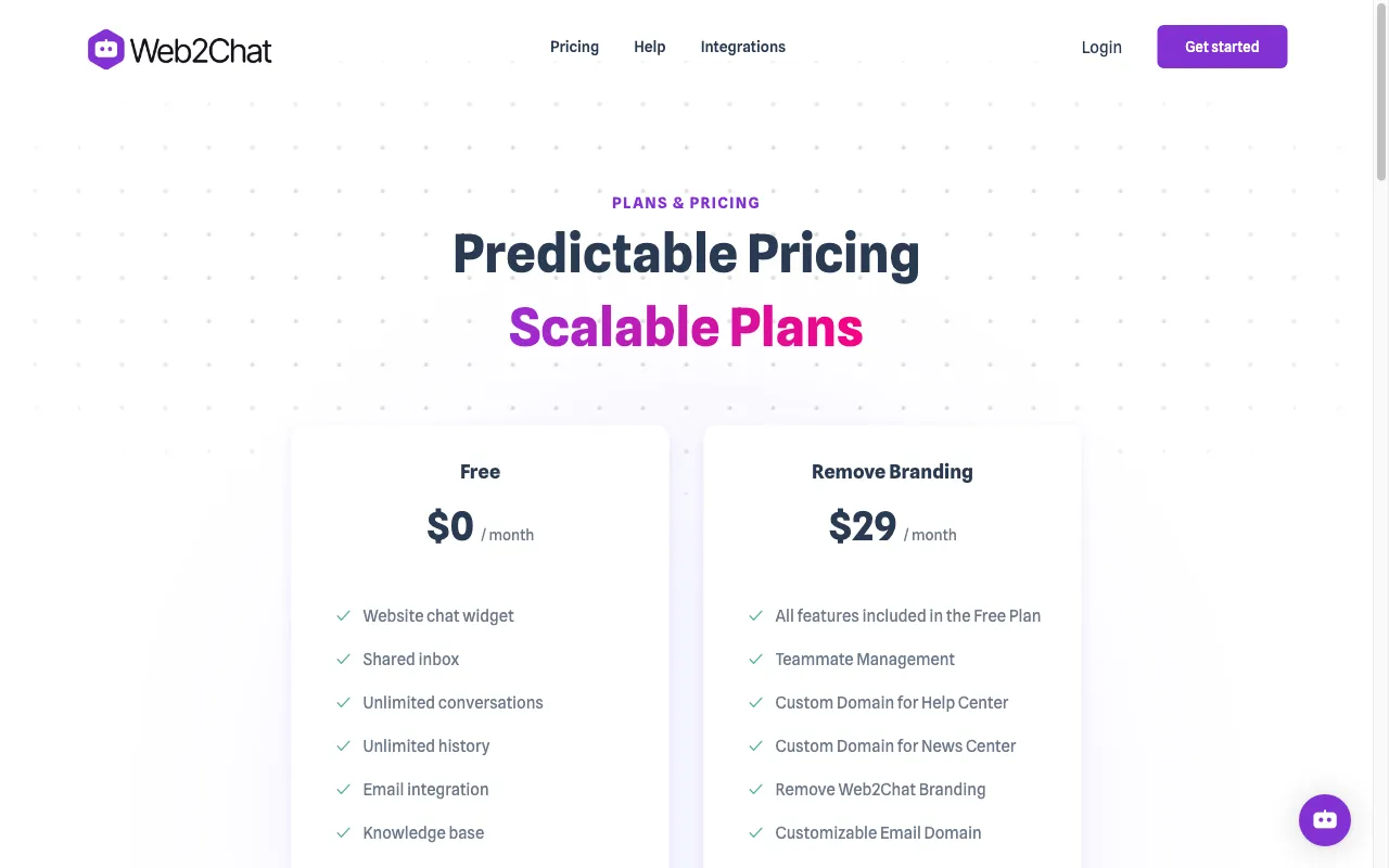 Web2Chat — pricing page