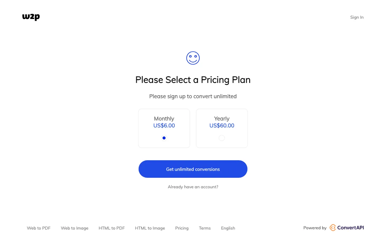 Web2PDF — pricing page