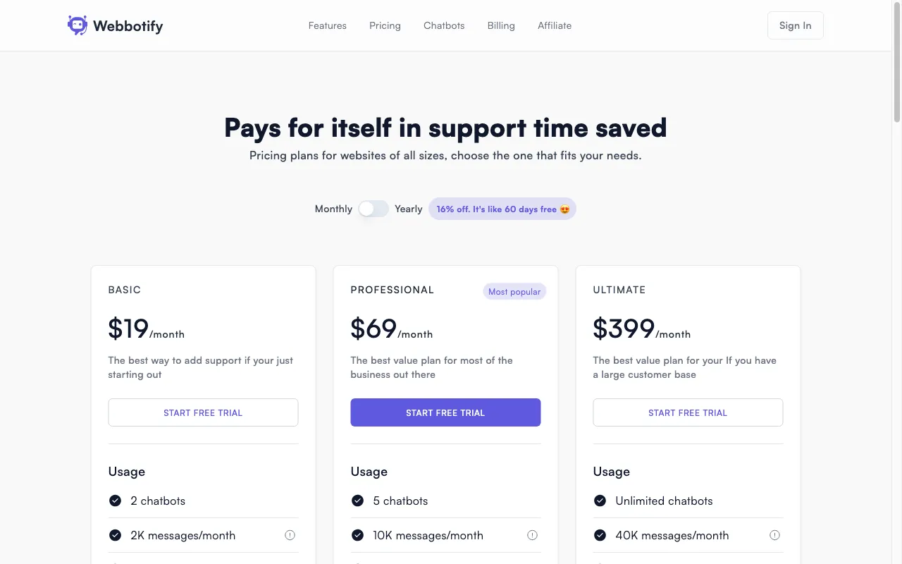 Webbotify — pricing page