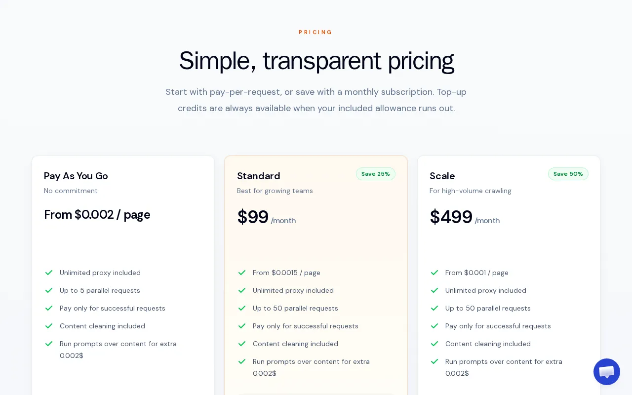 Webcrawler API — pricing page