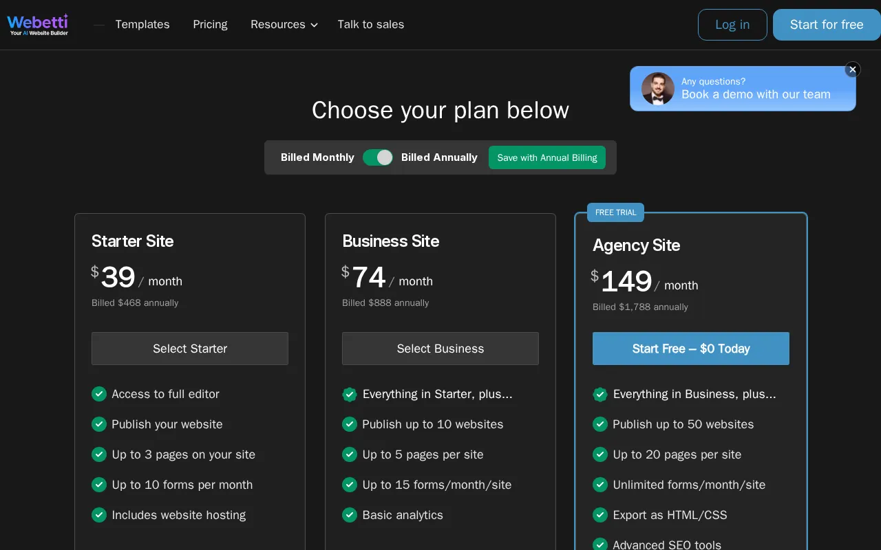 Webetti — pricing page