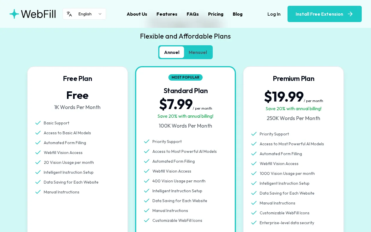 WebFill — pricing page