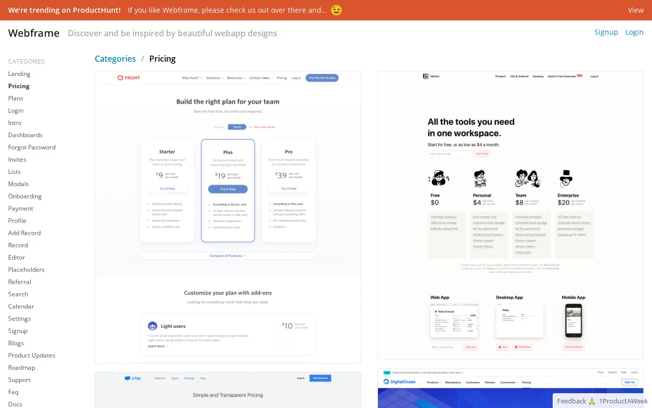 Webframe — pricing page