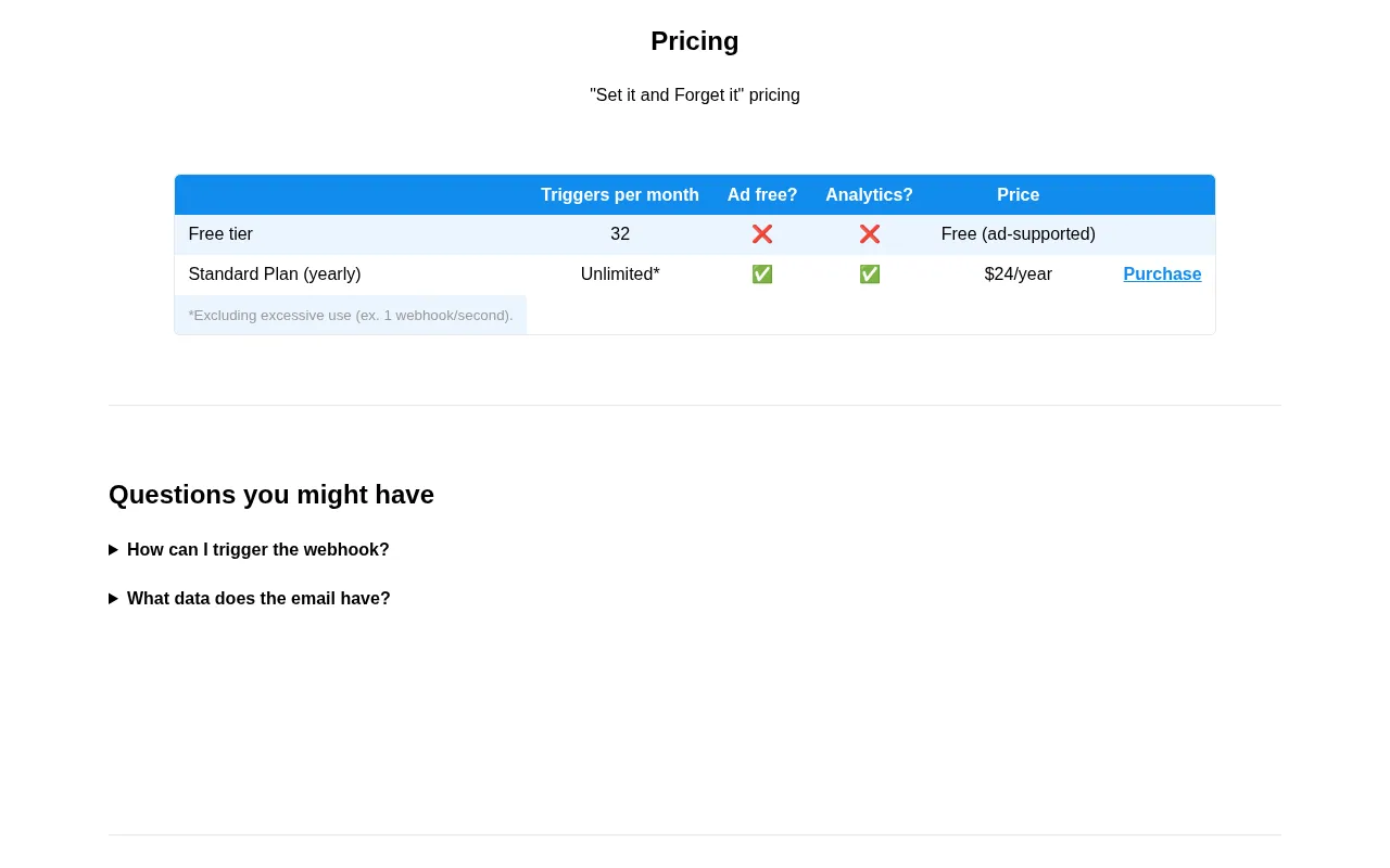 Webhooked Email — pricing page