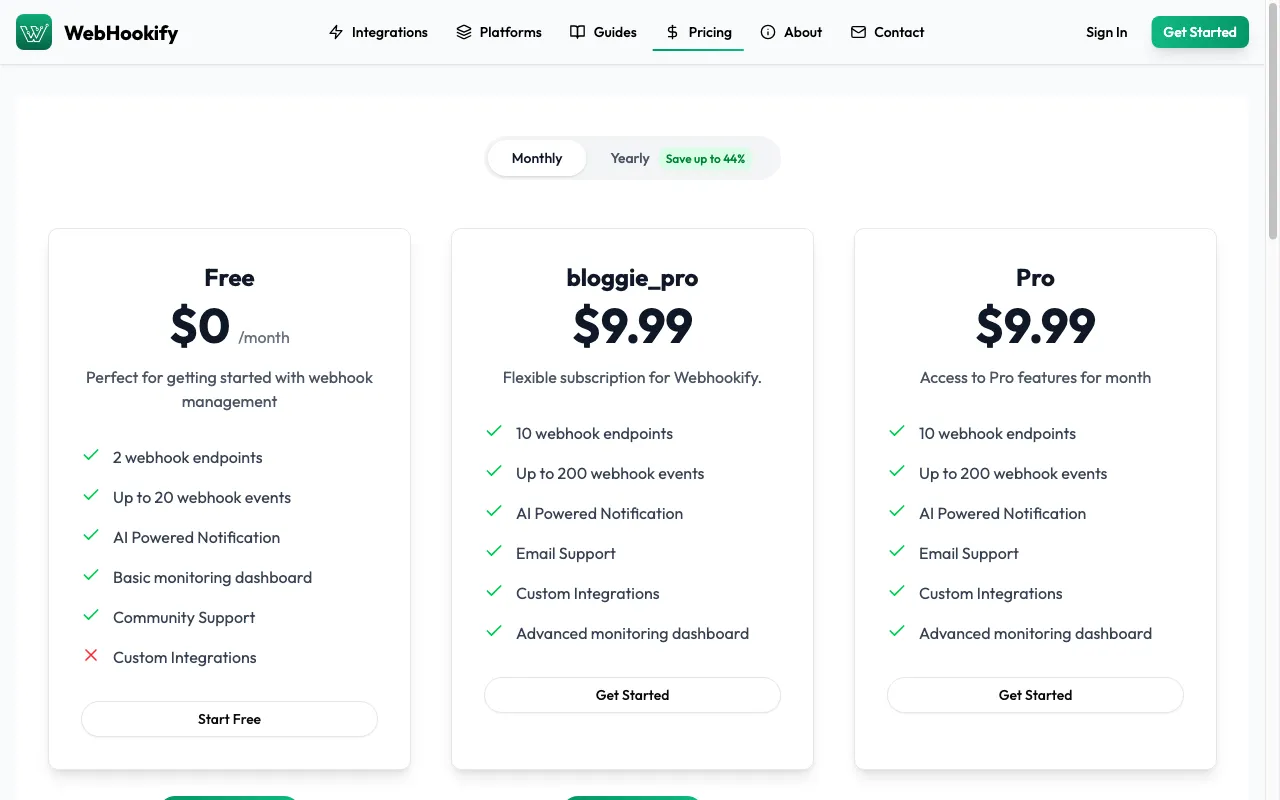 Webhookify — pricing page