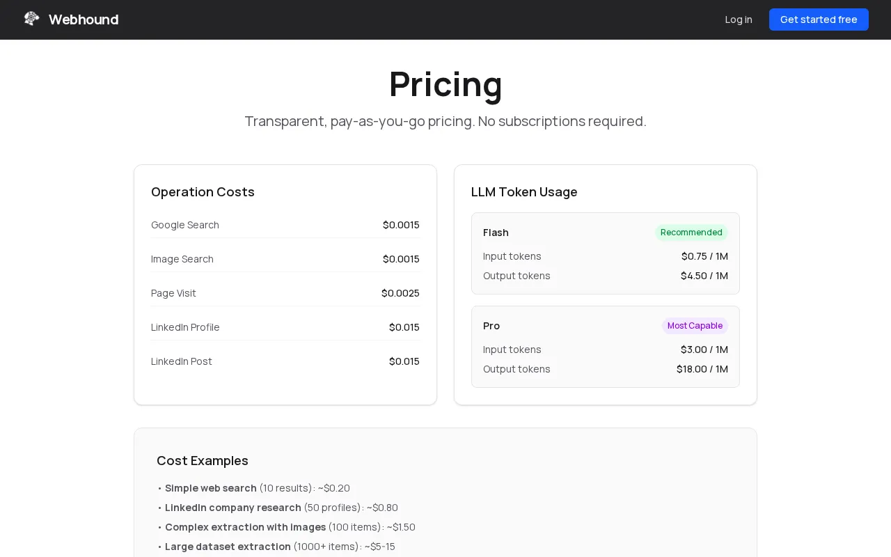 Webhound — pricing page