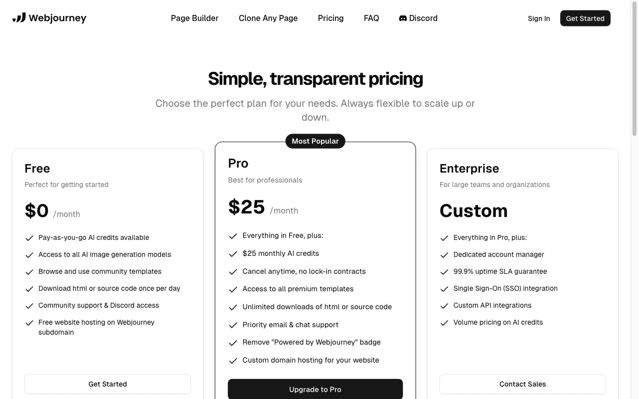 Webjourney — pricing page