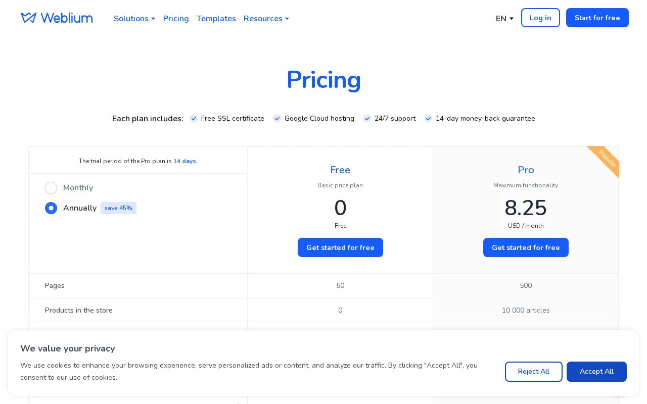 Weblium — pricing page