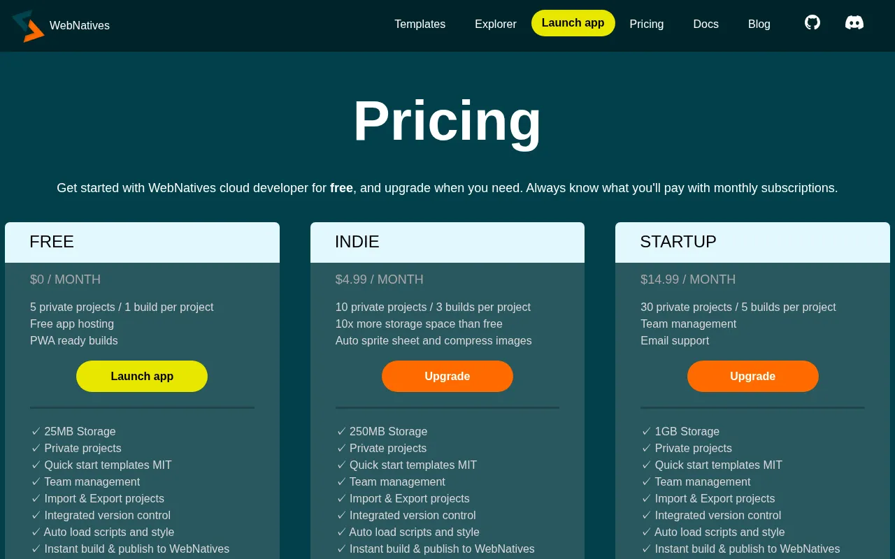 WebNatives.app — pricing page