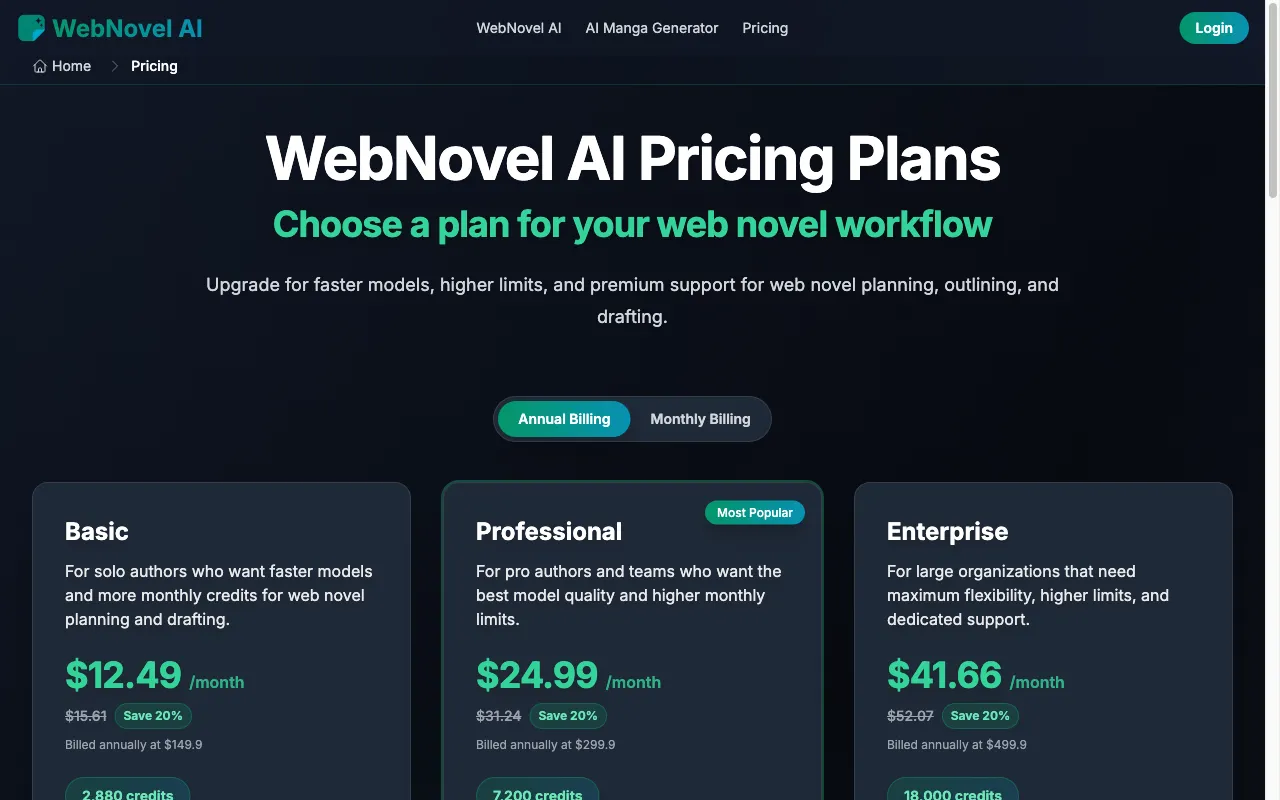 WebNovel AI — pricing page
