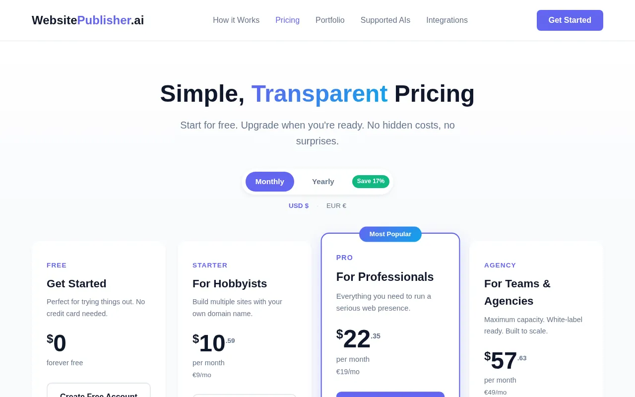 WebsitePublisher AI — pricing page