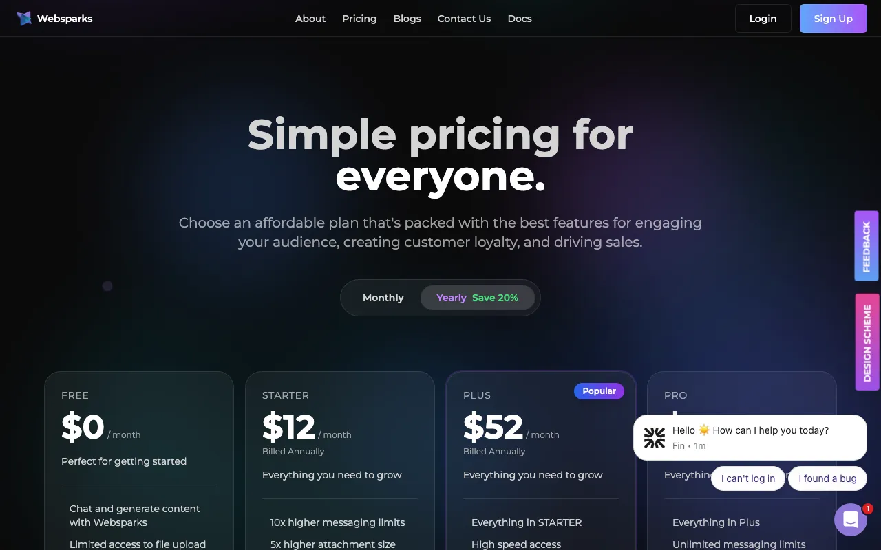 Websparks — pricing page