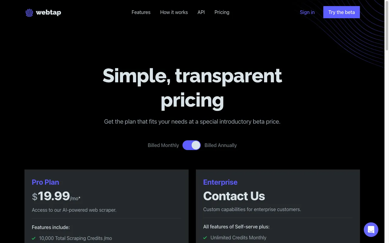 Webtap — pricing page