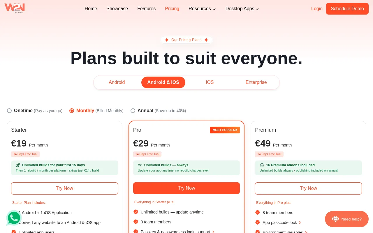 Webtonative — pricing page