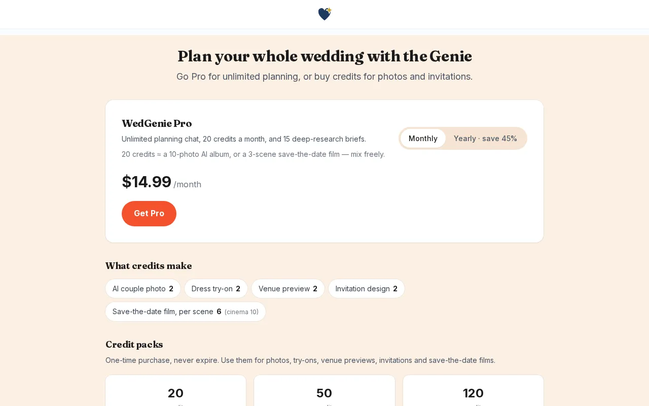 WedGenie — pricing page