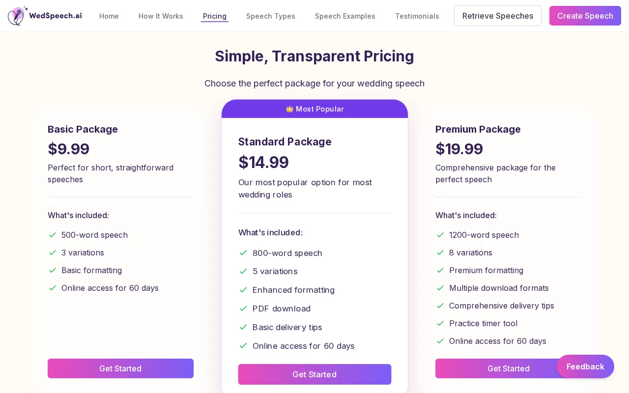Wedspeech.AI — pricing page