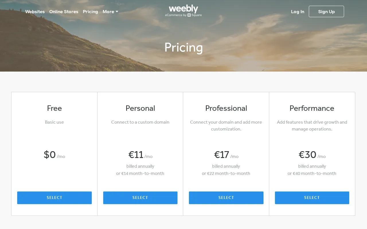 Weebly — pricing page