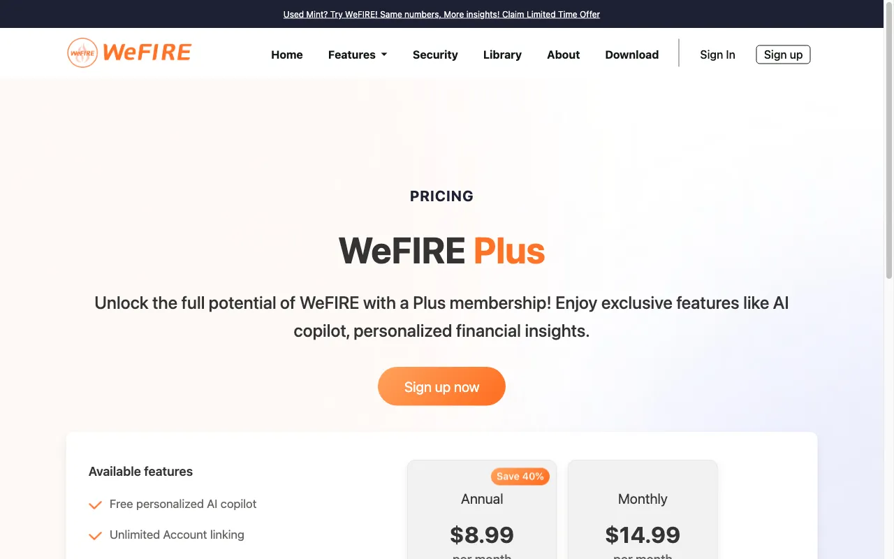 WeFIRE — pricing page