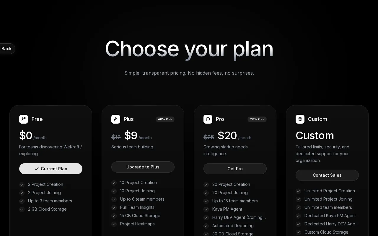 Wekraft — pricing page