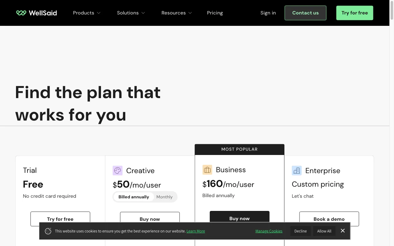 WellSaid — pricing page
