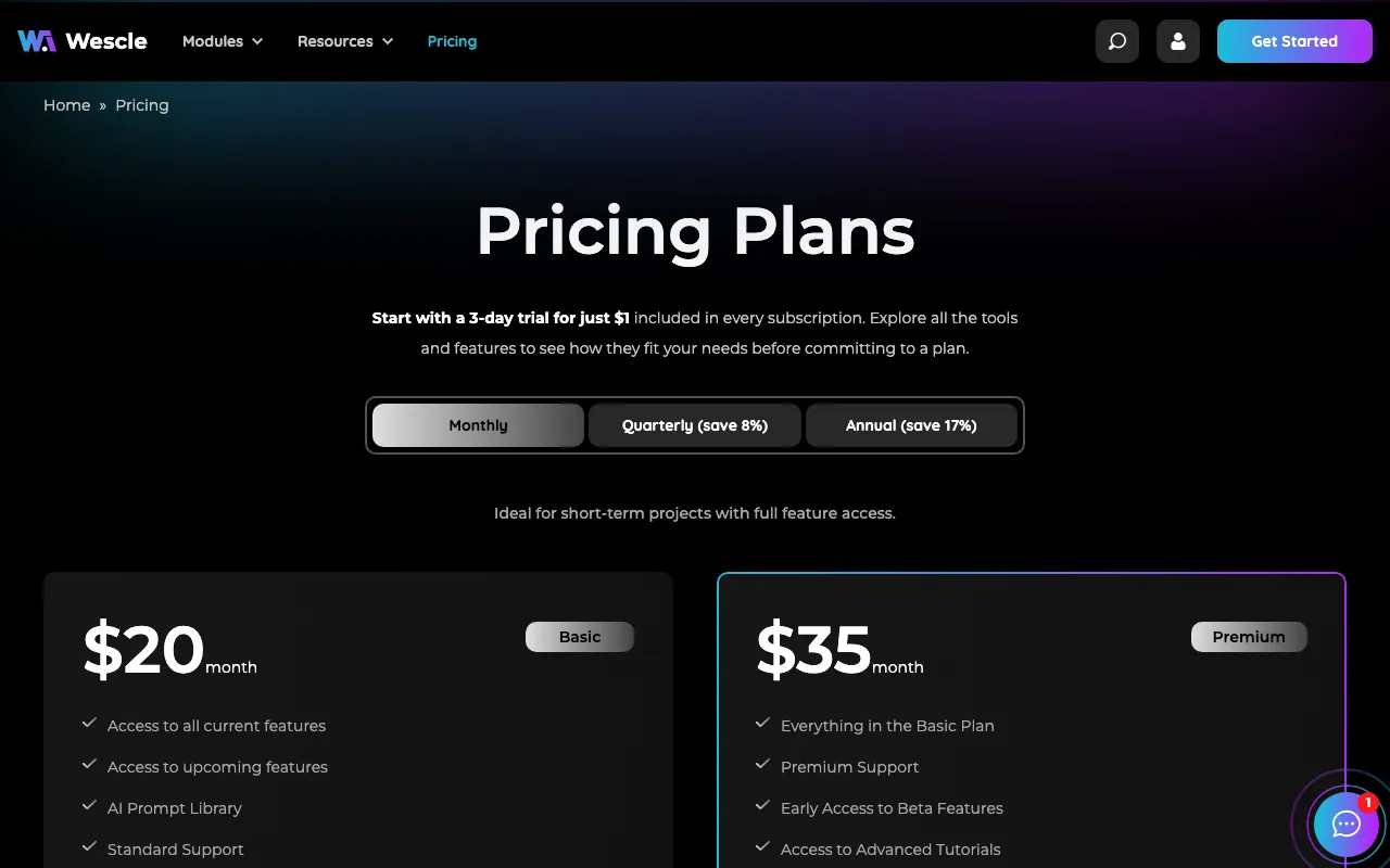 wescle.com — pricing page